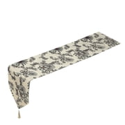 Violet Linen Silky Bloom Daisy Flower Pattern, Faux Silk Polyester Fabric, With Tassles, Beige , 13 Inch x 70 Inch, Rectangular, Decorative Table Runner