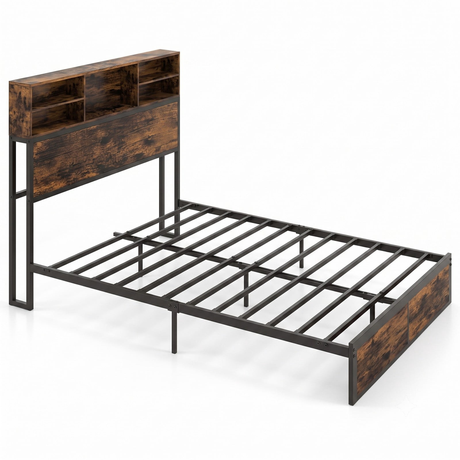 Furnibear Queen Bed Frame Industrial Metal Platform Bed with Storage Headboard and Charging Station and USB Ports, Rustic Brown
