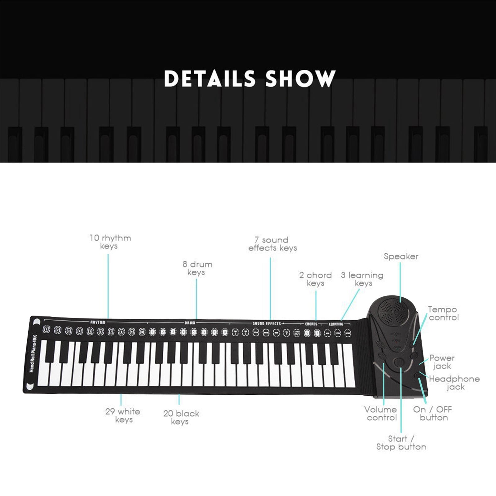karymi Hand-Rolled Piano with Horn - Portable 49 Keys Organ Piano with Foldable Keyboard Instruments Educational People of All Ages Toys for Ages 5-7