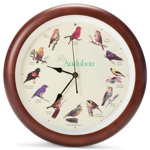 Mark Feldstein Audubon Singing Bird Wall Clock 13 Inch Premium Cherry