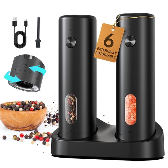 CIRCLE JOY Ensemble de Moulins à Sel et Poivre Électriques avec Base de Chargement Double, Rechargeable USB, Réglage de la Grossièreté, Recharge Supérieure et Lumière LED pour Cuisine, à une Main