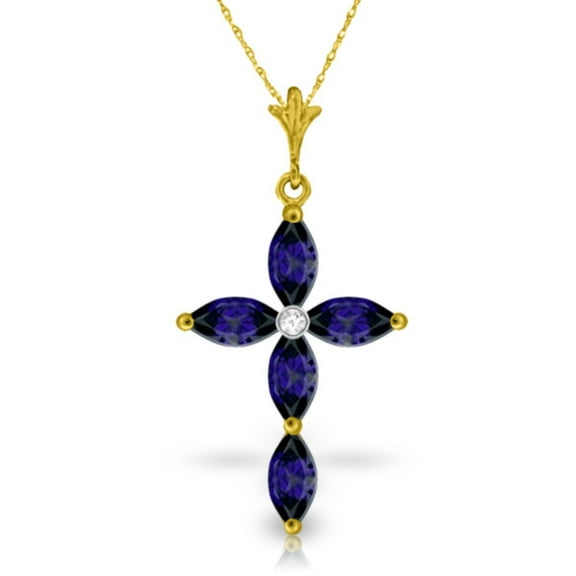 Galaxy Gold 14K Yellow Gold Natural Diamonds and Sapphire Cross Pendant Necklace - September Birthstone - Truth & Nobility - 16" to 24" - Fine Jewelry for Women