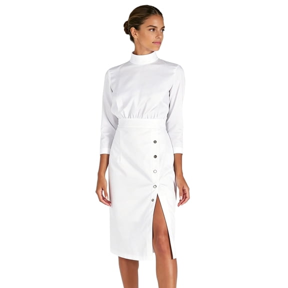 TiaoBug Scrubs Dress for Women Mock Neck Long Sleeve Buttoned Split Hem Fitted Midriff Dress White XL