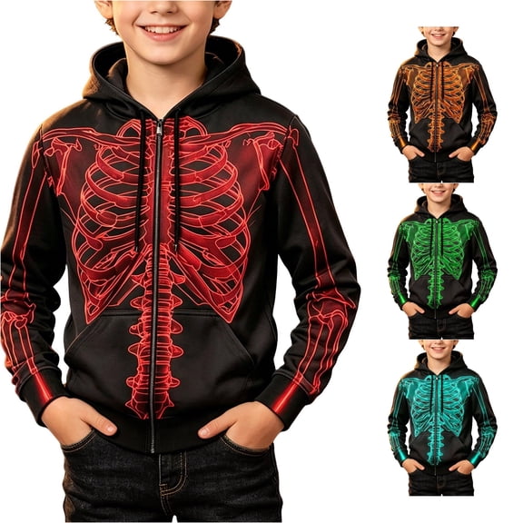 RUTAYY Boys Zip Up Hoodie Long Sleeve Skeleton Full Print Halloween Front Pocket Hooded Jacket Red