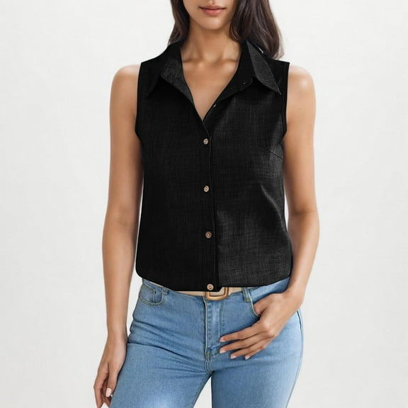 WRXMIJNHGSA Under $10 Womens Button Down Shirts Sleeveless Cotton Gauze Tops Casual Collared Blouses Loose Fit Black S