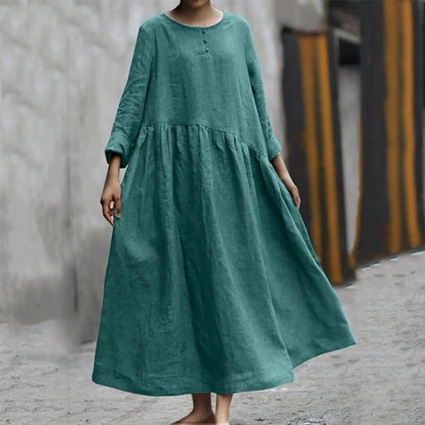 Puntoco Vestido De Manga Corta Con Bolsillo Informal De Algodón Y Lino De Color Sólido Con Cuello Redondo De Primavera Y Verano Para Mujer Verde Xxxl,Regalos Para Mujer Joven