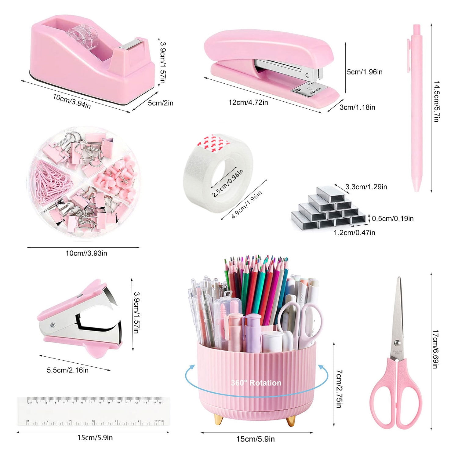Desk Organizers and Accessories, 10 Pcs Set with 360-Degree Rotating Pen Holder, Tape Dispenser, Stapler, Staple Remover, 1000 Staples, Tape, Clips Set, Ruler, Scissor, Pen