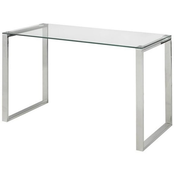 Pemberly Row Modern Transitional Glass Top Writing Desk in Silver