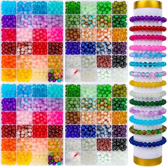 2400 PCS 8mm Glass Beads Bracelet Making Kit, 47 Colors Crystal Beads for Jewelry Making and DIY Crafts,4 Box Round Beads