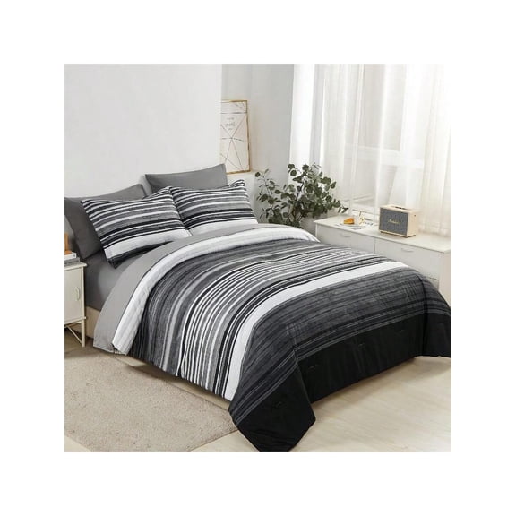 7 Piece Bed In A Bag Stripe Comforter Set Queen Size White Grey Black Patchwork Striped Comforter And Sheet Set All Season Soft Microfiber Complete Bedding Sets Grey Queen