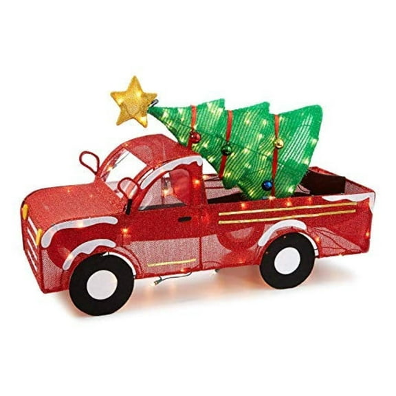 33 Inch Wide - Light-Up Tinsel Truck with Holiday Christmas Tree, Pre-Lit with 100 Lights