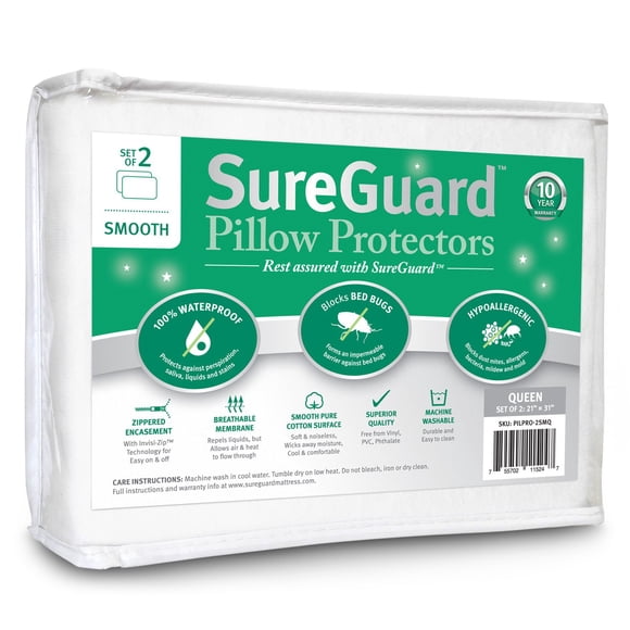 Ensemble de 2 Protège-Oreillers Grand Size SureGuard - 100 % Imperméable, Anti-Punaises de Lit, Hypoallergénique - Housses en Coton Premium à Fermeture Éclair - Lisse