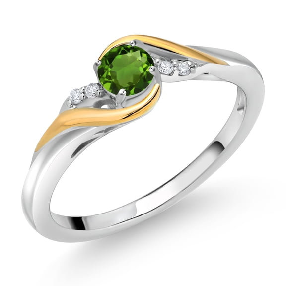 Gem Stone King 925 Sterling Silver and 10K Yellow Gold Round Green Tourmaline and White Lab Grown Diamond Engagement Ring for Women (0.28 Cttw, Gemstone Birthstone, Size 7)