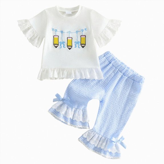 enyan Toddler Little Girl Clothes Fruit Print Short Sleeve Tops Plaid Flared Pants Set Back To School Summer Outfit(Blue,2-3 Years)