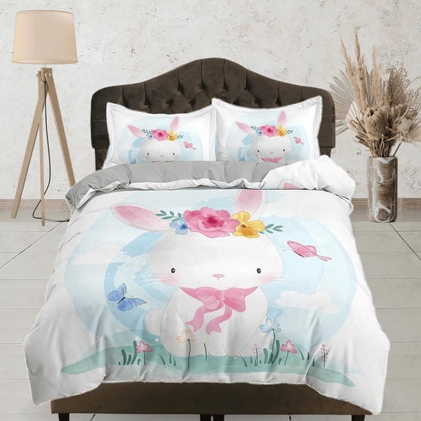 Ropa de Cama Conejito, Juego de Funda Nórdica y Funda de Almohada, Ropa de Cama con Cremallera, Dormitorio