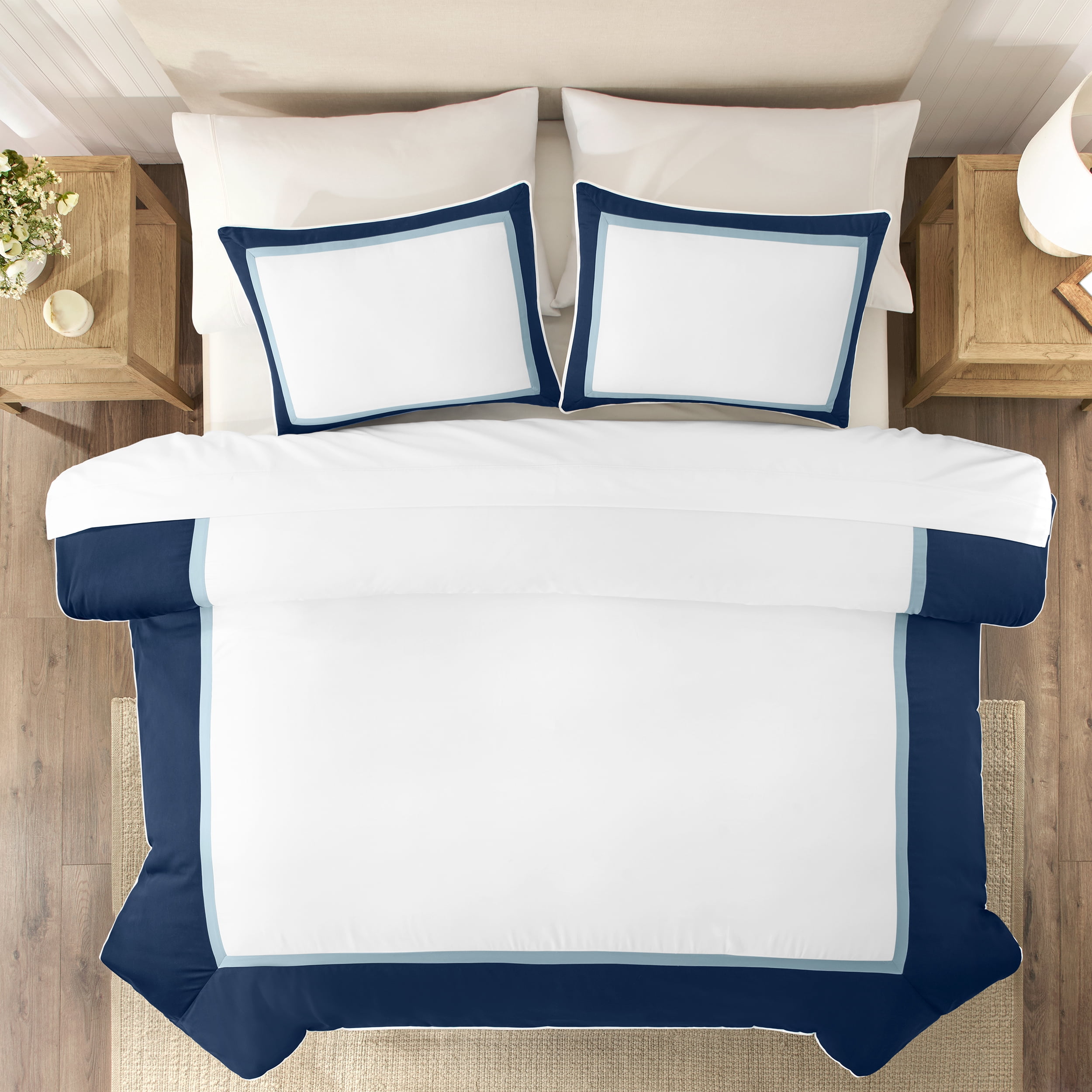 Wamsutta 1846 Cotton Tencel 3-Piece Titan Blue Henley Border Comforter Set, King