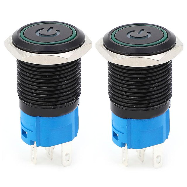 Black self-locking metal switch, IP65 protection, with LED lamp and symbol, 16 mm (green 220 V AC), 2 pieces