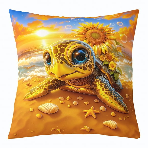 Sea Turtle Throw Pillow Cover,Sunflower Cushion Covers for Couch Sofa Living Room Bedroom Decor,Ocean Beach Sunset View Pillows Cases Vintage Romantic Pillows Covers,22"Lx22"W