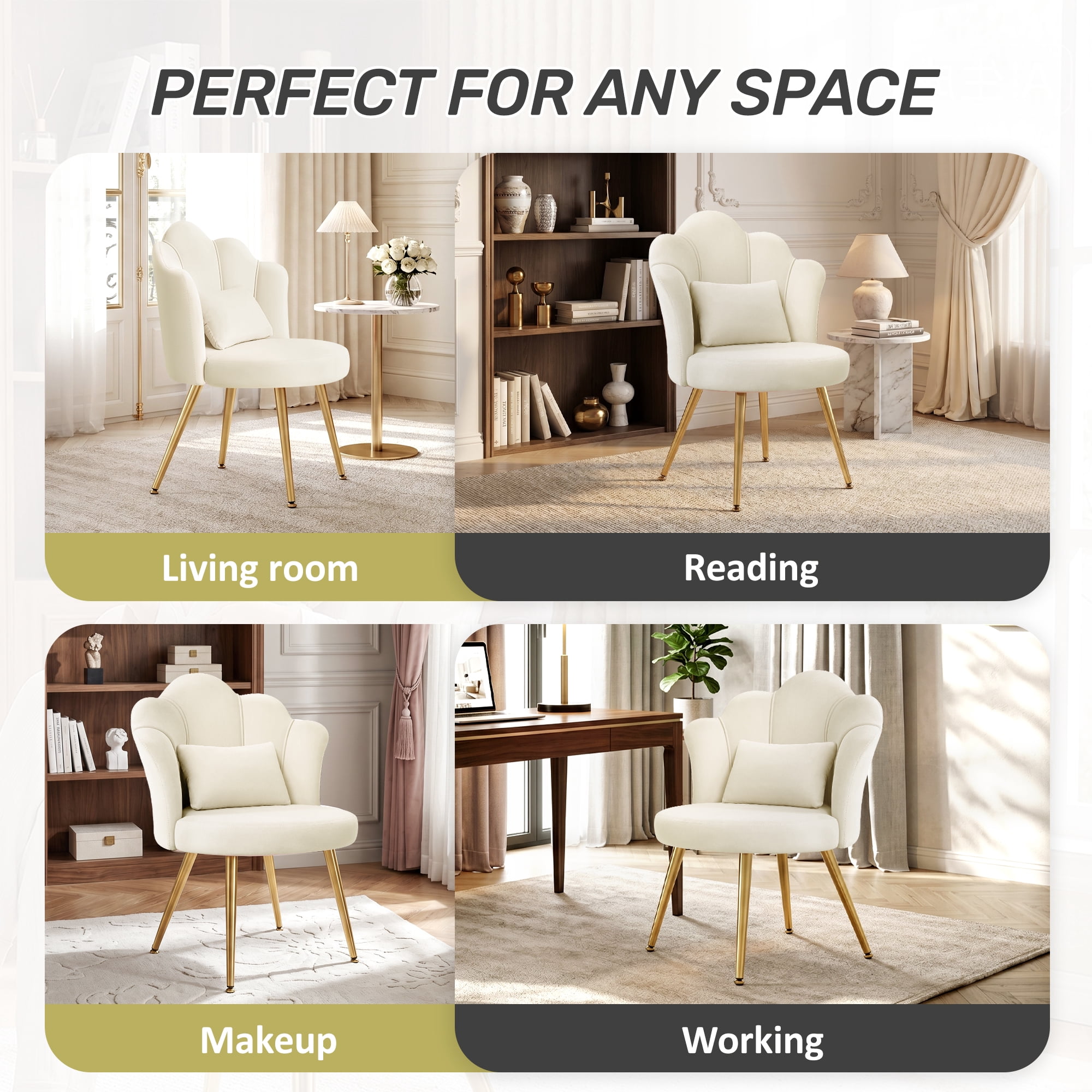 COOLHUT Petal Velvet Vanity Chair, Flower Cute Girls Mack Up Vanity Stool Chair with Lumber Pillow and Adustable Gold Legs, Upholstered Small Desk Chair for Living Room Bedroom Home Office, Beige