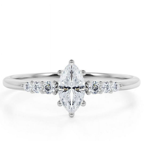 JeenMata Elegante Anillo de Compromiso de Talla Marquesa en Oro Blanco de 18 K sobre Plata