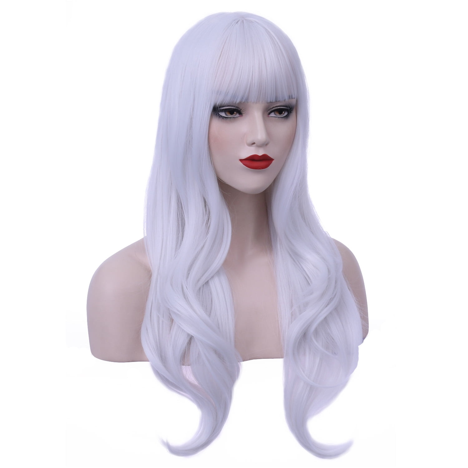 RightOn Long Wavy Wig with Bangs White Wig for Women Girls Synthetic Wig Long Wig White Wigs for Daily Party with Wig Cap