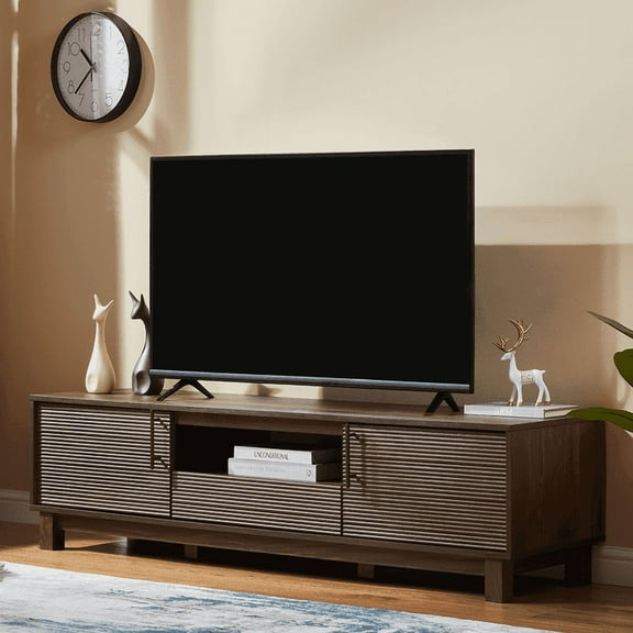 Mid-Century Modern Low Profile TV Stand for 70" TVs, Wood TV Media Console with 2 Fluted Door for Living Room, Walnut