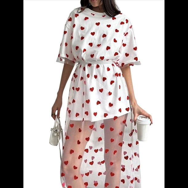 Vestido Maxi Informal de Vacaciones para Mujer, con Cuello Redondo, Suelto, de Empalmada y Estampado de Amor. y Cinturón Talla Única