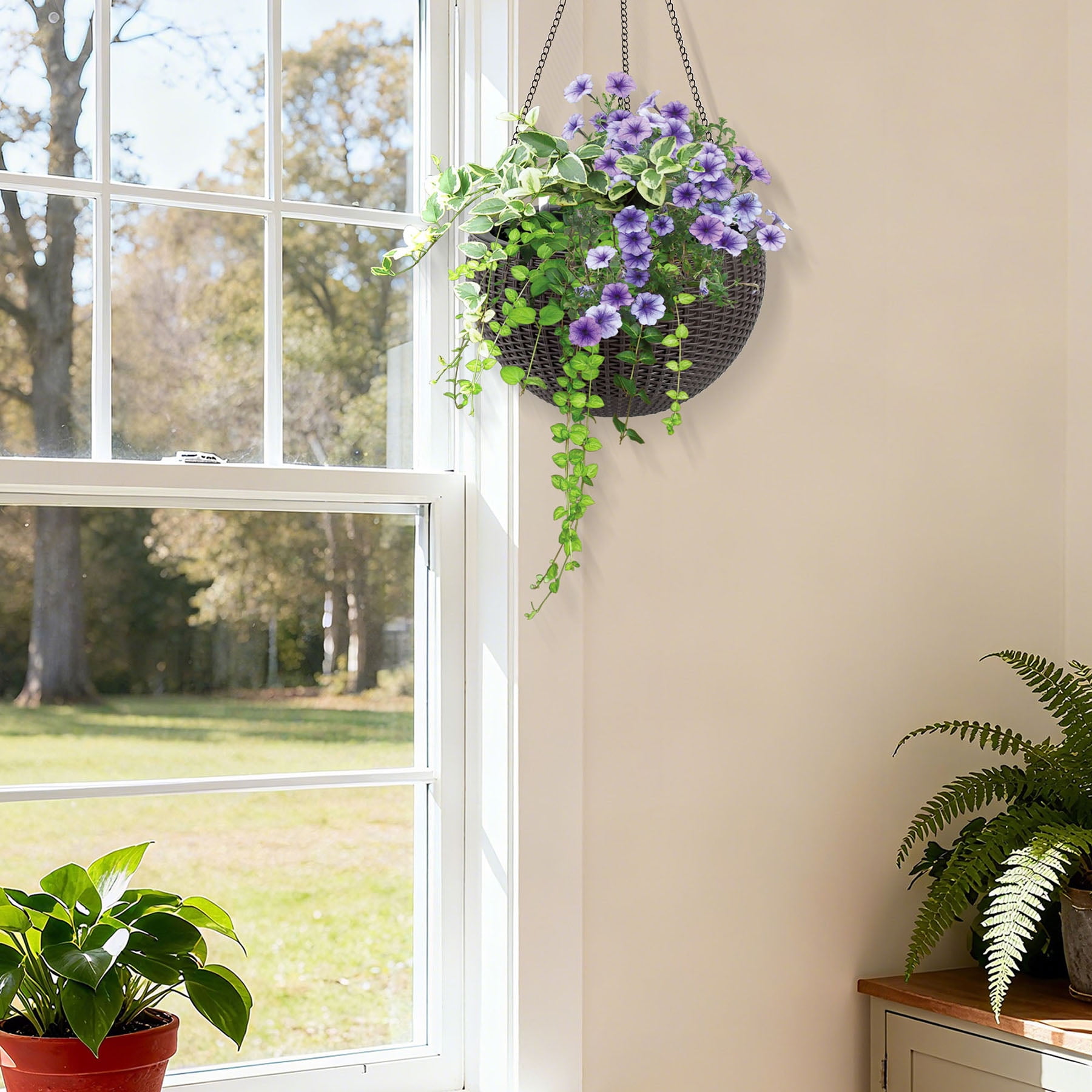 S-HOME Dual-Use Self-Watering Hanging Rattan Planters 13.4 Inch Large Size with Water Level Indicator, for Balcony Decor Indoor Use, Brown
