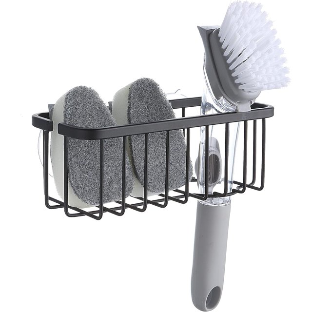 NeverRust - Soporte de ventosa para fregadero de cocina de lujo para esponjas, estropajos, jabón, cocina, baño, acero inoxidable 304 (negro mate, 7,4 x 3,3 x 2,75 pulgadas) (esponja y cepillo NO