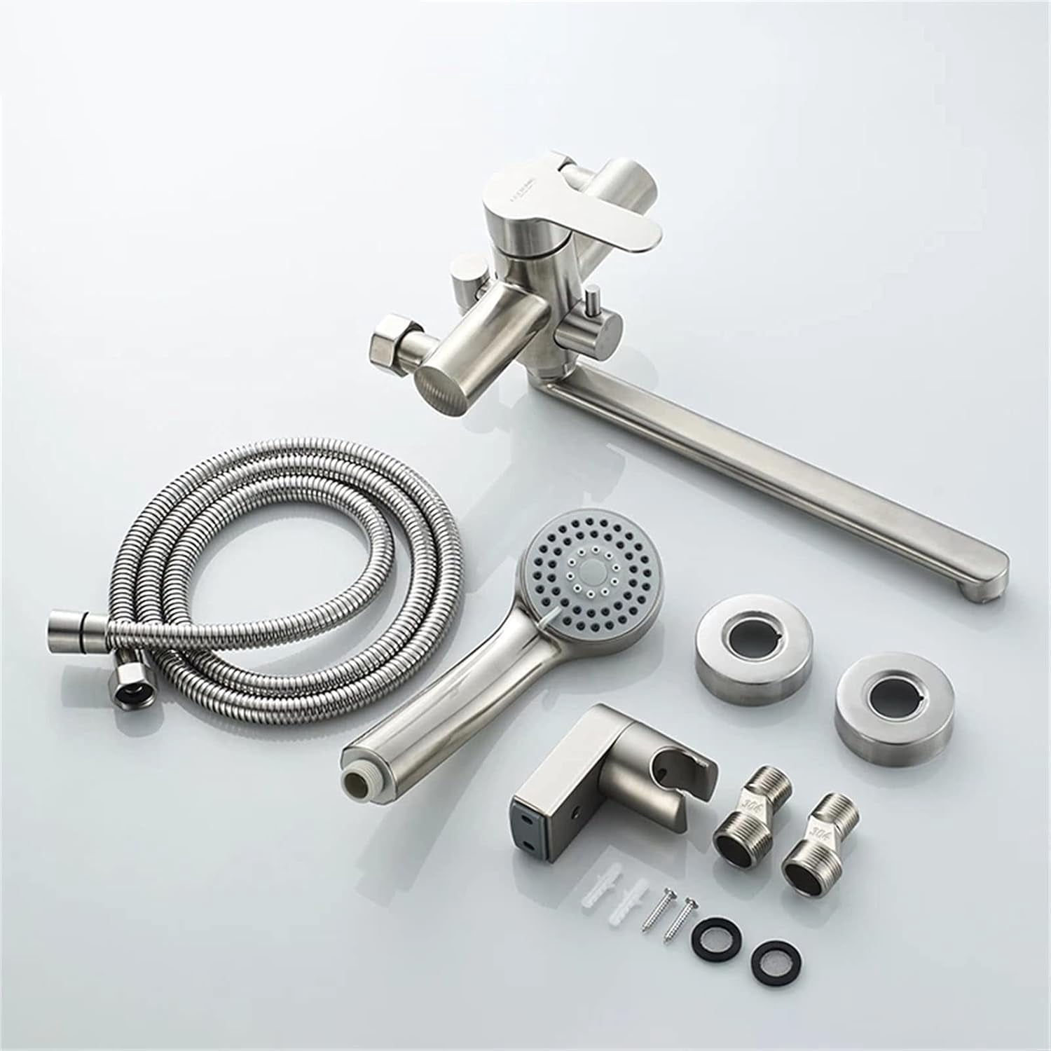 Bathtub Faucet Water Mixer Tap with Hand Shower, Single Holder Dual Control Stainless Steel Bathroom Faucets with Long Outlet