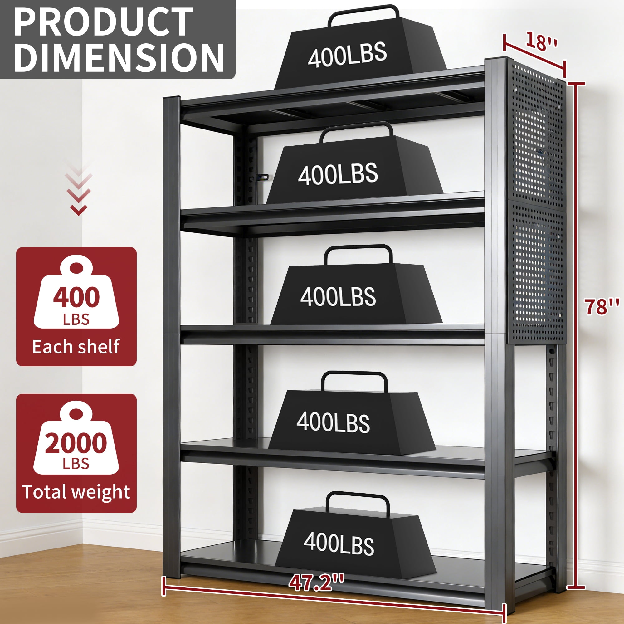 Alvantor 5 Tier Storage Shelves with Pegboard, Heavy Duty Adjustable Shelving Industrial Shelf for Garages, Offices 24"D x 47.5"W x 72"H Black