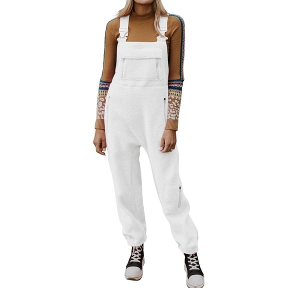 Winter Women's Loose Casual Fleece Warm Overalls Jumpsuits with Pockets