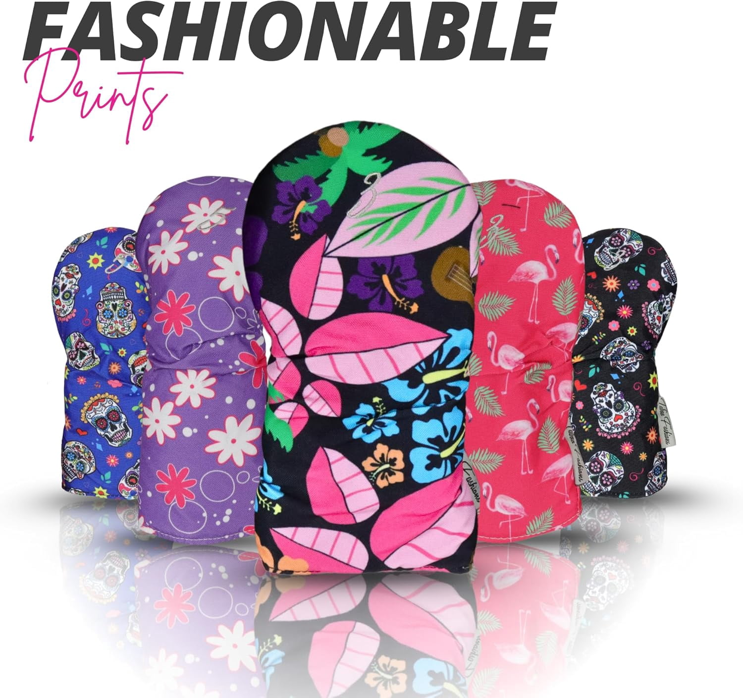 Womens Designer Resort Golf Club Covers 4 Pack - Taboo Fashions Numbered Head Covers for Driver Woods & Hybrid - Weather/Moisture Resistant Protection (Sugar Skulls)