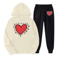 thumbnail image 1 of WILLBEST Vêtements d'Automne pour Femmes Ensemble Décontracté Imprimé Cœur Manches Longues Col Rond Sweat à Capuche et Pantalon pour Automne et Hiver Extensible Kaki, 1 of 2