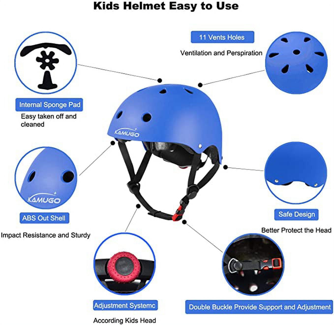 KAMUGO Helmets for Kids Set, Kids Safety Helmet and Sport Knee and Elbow Pad ,Blue