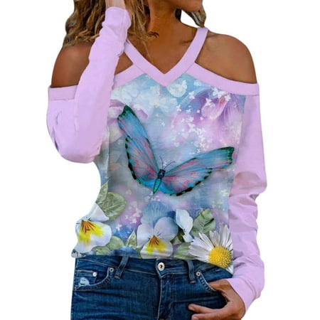 

The Shoulder Tops For Women Sexy 3D Digital Printing Long Sleeve T-Shirt Spring Thin V Neck Pullover Tunics