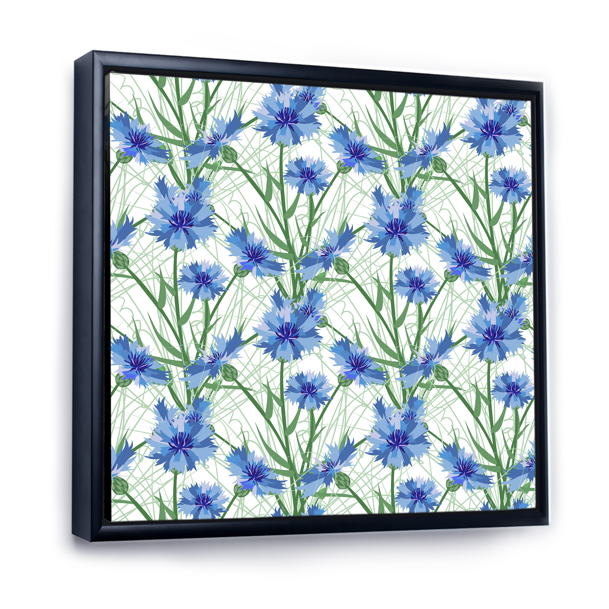 Designart 'Blue Cornflowers With Green Leaves On White I' Traditional Framed Canvas Wall Art Print