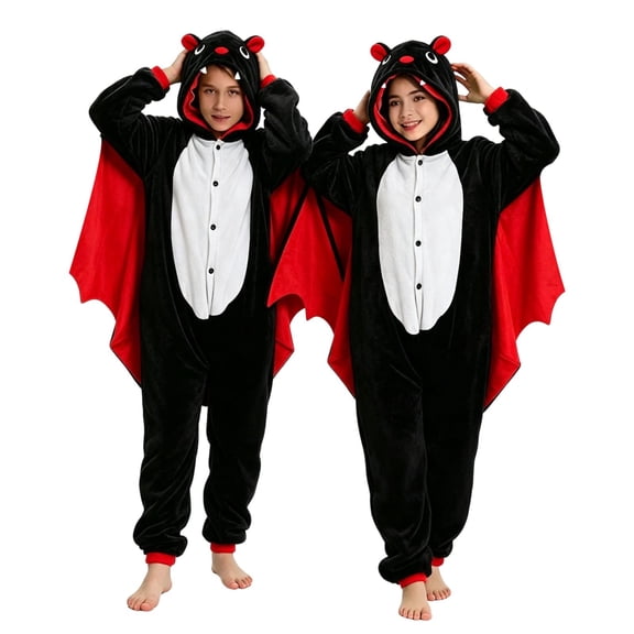 Ruyang Toddler Kids Bat Hooded Jumpsuit Long Sleeve Plush Onesie with Bat Wing Design Fall Winter Halloween Clothes for Boys Girls