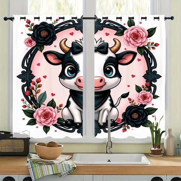 WNOOHIY Cute Cow Floral Frame Grommet Blackout Curtains, Thermal Insulated Noise‑Reducing Room Darkening Curtain Drapes for Bedroom Living Room, 2Pcs