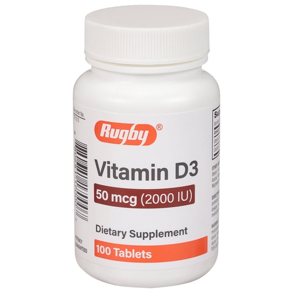 Rugby Vitamin D3 2000 IU (50 mcg) - Gluten-Free Daily Vitamin D Dietary Supplement for Bone, Teeth, and Immune Health 100 Tablets