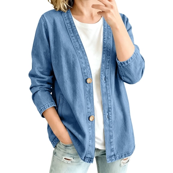 LEKODE V Neck Open Front Cardigan Jacket Long Sleeve Button Front Boyfriend Fit Side Pockets Casual Lightweight Shacket Blue L