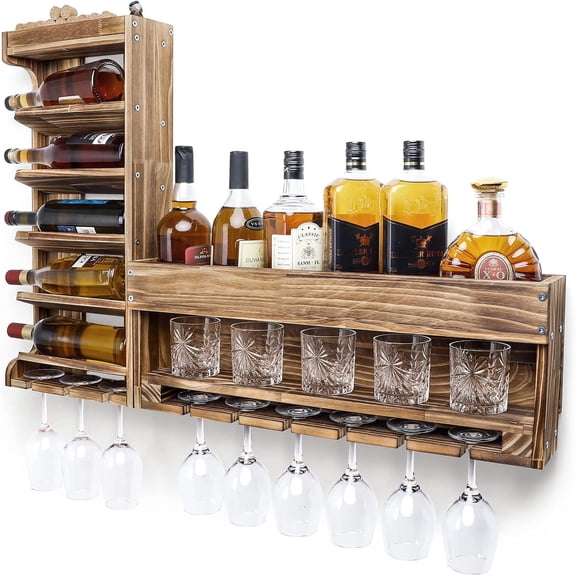 Wine Rack Wall Mounted Wood,Alcohol Shelf with Bottle Stemware Glass Holder Rustic Whiskey Display Storage with Cork Storage for Home Bar Kitchen Dr (Regular )