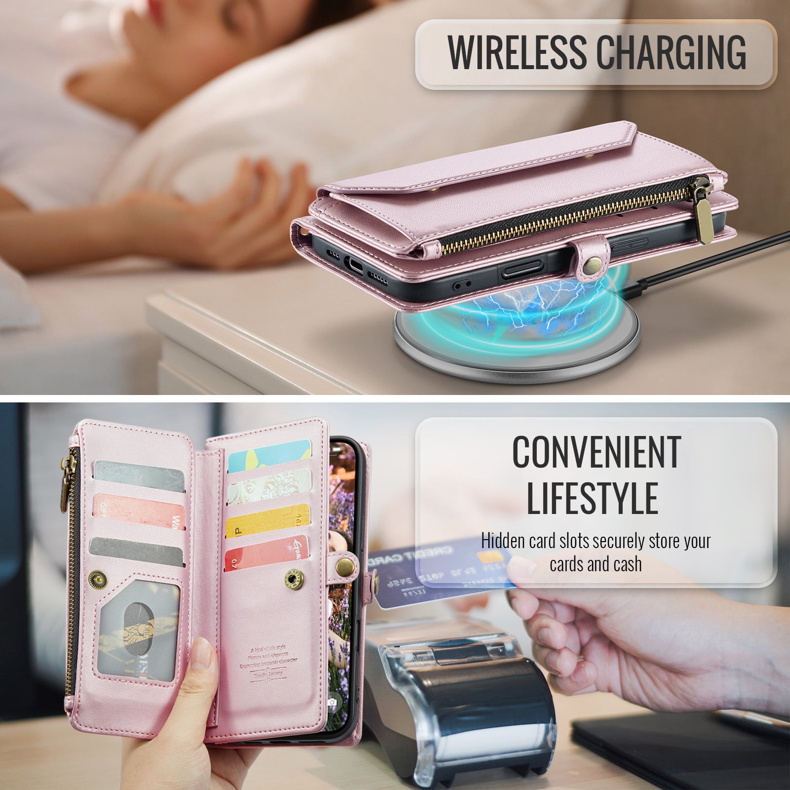 Compatible with iPhone 16 Plus 6.7 inch Zipper Wallet Phone Case Tempered Glass Screen Protector Crossbody Lanyard Strap Flip Card Holder Slot Cell Cover for i Phone16 16+ i16 16Plus Women Rose Gold