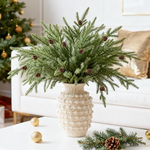 Artificial Christmas Norfolk Pine Stems, Faux Pine Branches with Cones 35.4" 6PCS - Greenery Fake Pine Needles for Vase Arrangements, Winter, Holiday Indoor Outdoor Home Decor