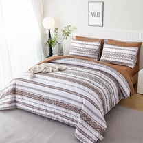 PERFEMET Boho Queen Size Comforter Set,7 Pieces Bed in a Bag Brown Striped Triangular Pattern Bohemian Bedding Set,Ultra Soft Bed Set for All Season