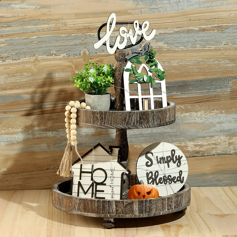  GENMOUS Farmhouse Kitchen Tiered Tray Decor Items Mini Set,  Rustic Black and White Kitchen Counter Decor, Two Tiered Tray Kitchen Decor  Set for Home Kitchen Dining Room Table Decoration : Industrial