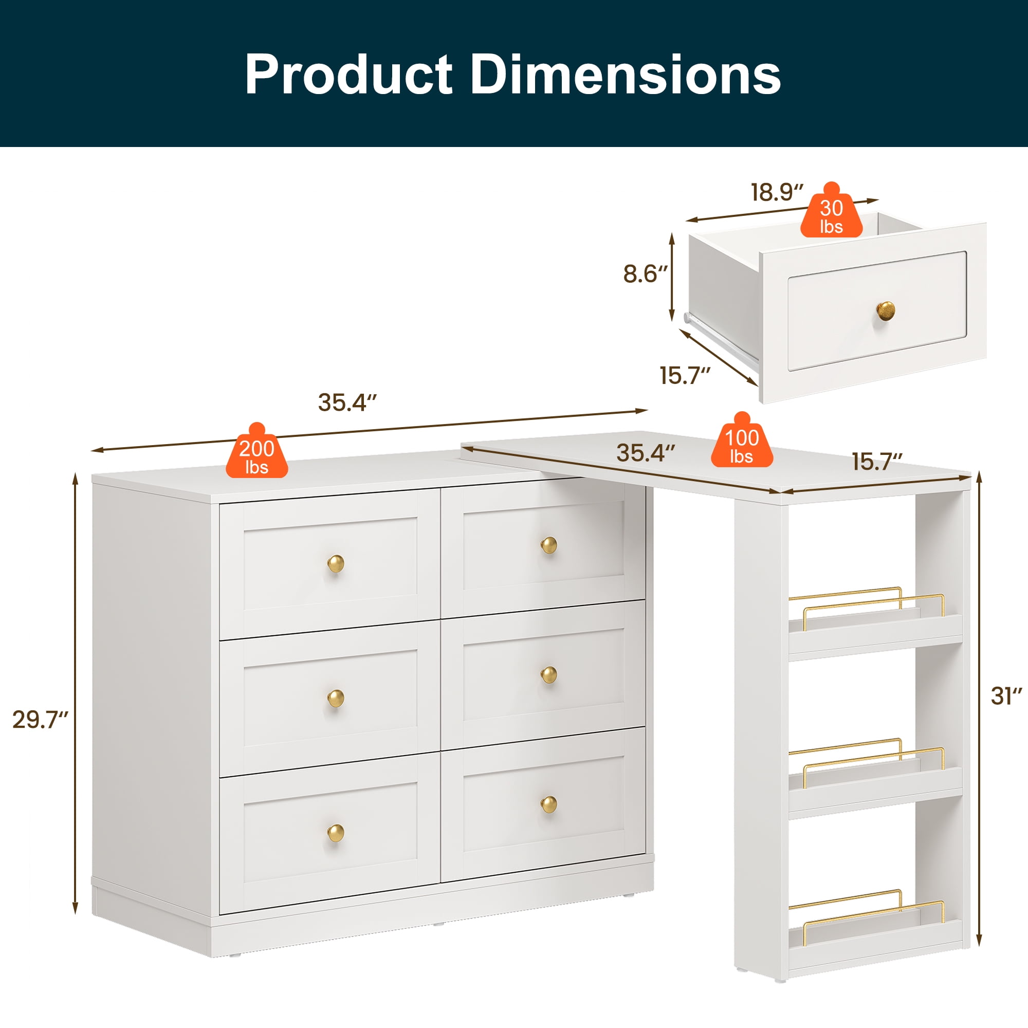 Heynemo Extendable Makeup Vanity Desk with 3 Side Shelves, L-Shaped Vanity Table and Dresser Combo with 6 Drawers, Modern Dressing Table for Bedroom, Dressing Room, White