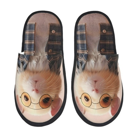 Balery Cute Mouse In Glasses Slient Indoor Furry Fleece Comfort House Shoes Soft Non-Slip Home Shoes Cotton slippers House Slippers-- Large