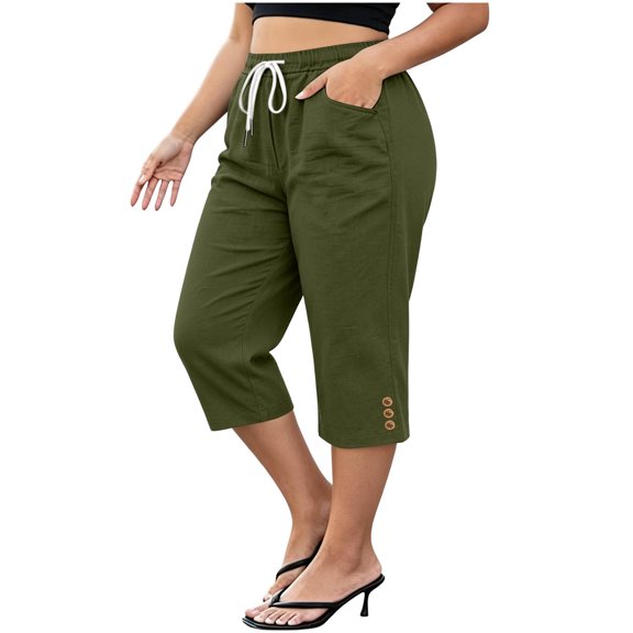 Ruimatai Womens Capri Cropped Pants Drawstring Elastic Waist Pocket Button Detail Plus Size Casual Vacation Trousers