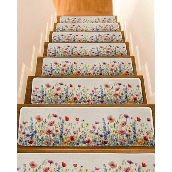 Pastoral Spring Floral Stair Treads for Wooden Steps Indoor Runner Rug Carpet, Rustic Summer Flower Botanical 7 Pieces Peel and Stick Staircase Step Treads Covers Washable Throw Door Mats, 30"x8"